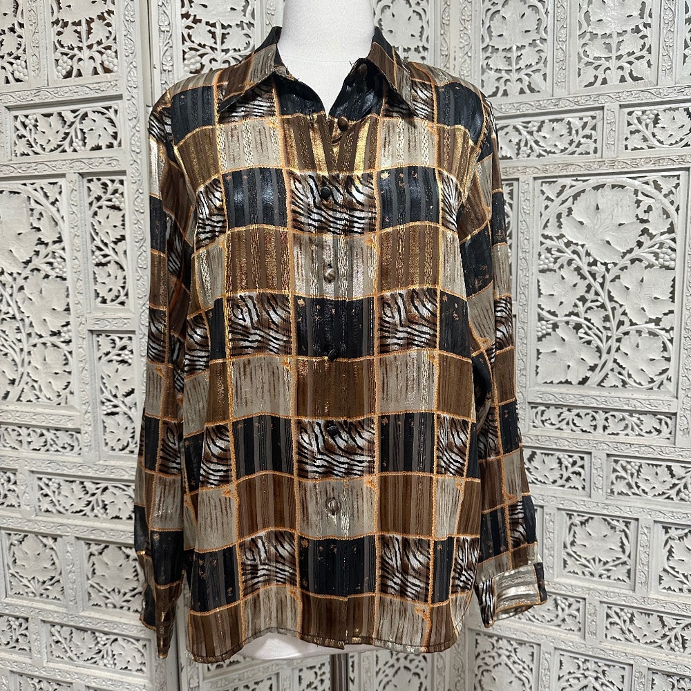 Vintage glam gold and black checkered blouse size‎ large